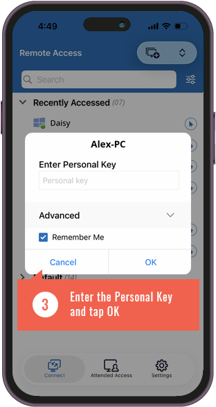 RemotePC remote desktop session viewed on a smartphone for flexible work from anywhere