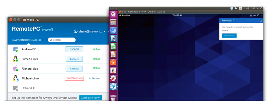 RemotePC interface on Linux showing a remote desktop session